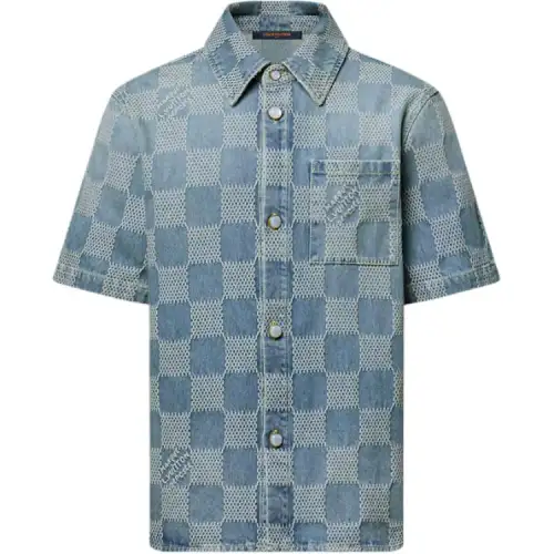 Lv Damier 3D Light Denim Short Sleeved Shirt