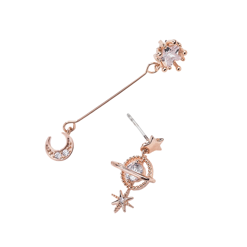 ONEKISS Asymmetric Sparkling Star and Moon Artificial Zircon Earrings for Women
