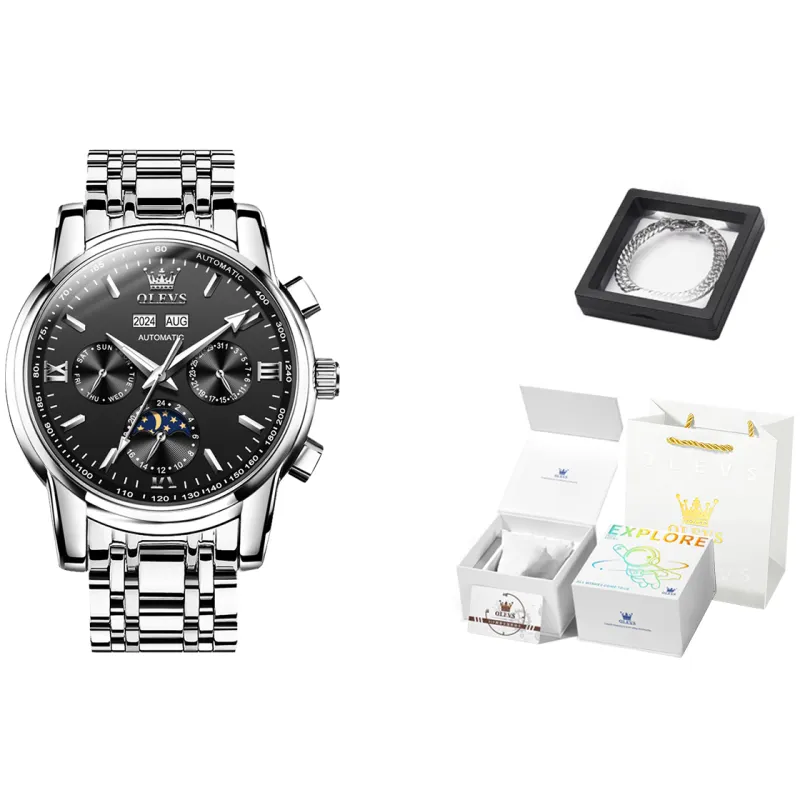 OLEVS Mechanical Movement Stainless Steel Watchband Watch Men's Watches Black Dial