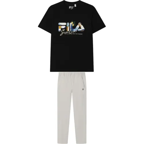 FILA Casual Sportswear Men's Clothing Sets Jet Black Top+Volcanic Stone Gray Bottom Crew Neck Moderate