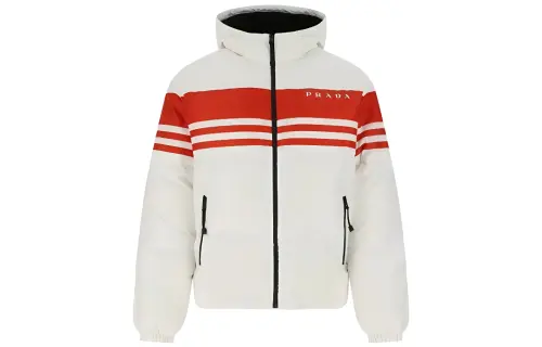 PRADA Striped Hooded Thickened Down Jacket Men's White