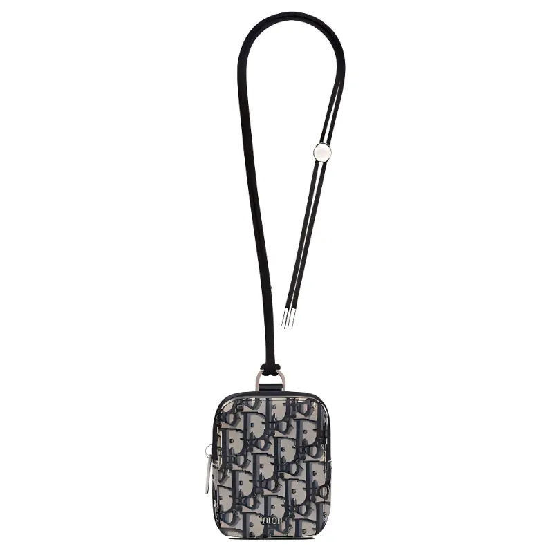 DIOR Cow Leather Necklace Pouch Coin Purse, Clutch Unisex Beige/Black