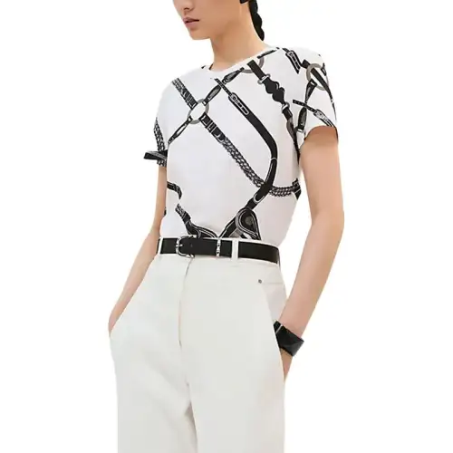 HERMES T Shirts Women's White Crew Neck Moderate Straight Fit