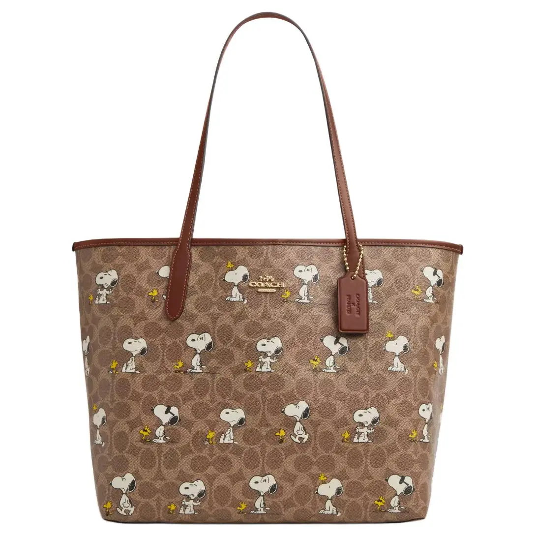 COACH X Peanuts Snoopy Collaboration City Coated Canvas Tote Handbag, Shoulder Bag Large Women's Brown