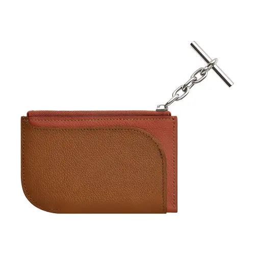 HERMES Strap Silver Tone Buckle Evercolor Leather Card Holder Women's Gold/Copper Red