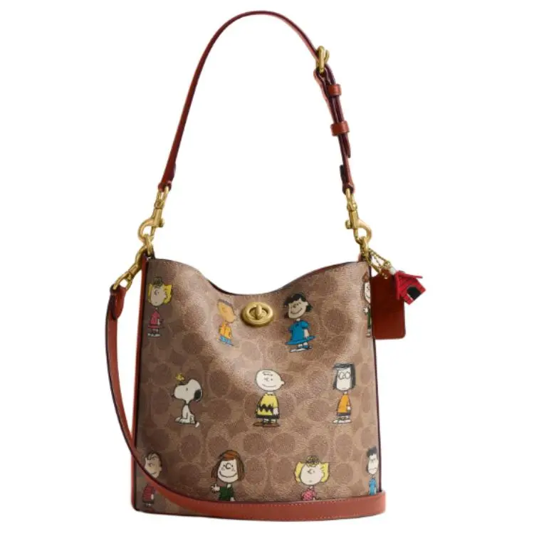 COACH × Peanuts Collaboration Willow Coated Canvas With Leather Bucket Bag, Crossbody, One Shoulder Handbag Small