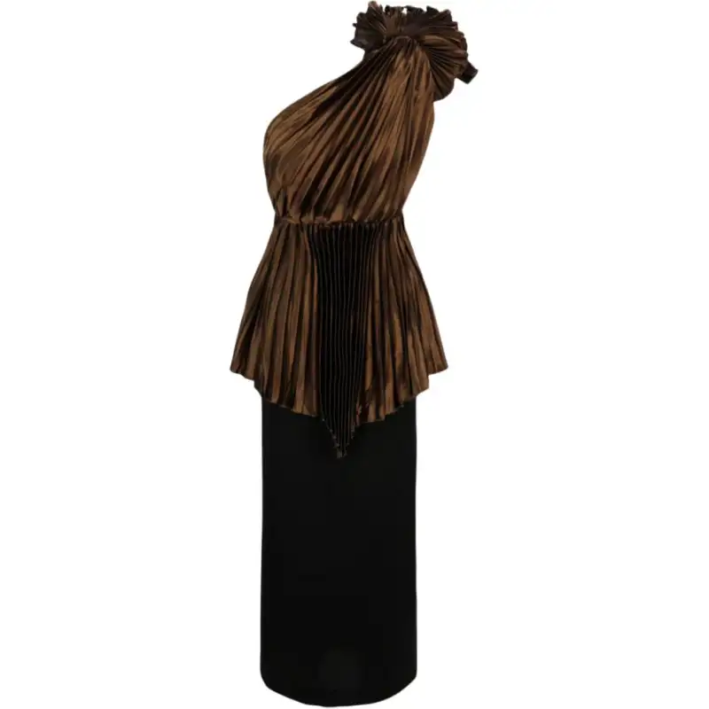GUCCI Plisse One Shoulder Gown Brown