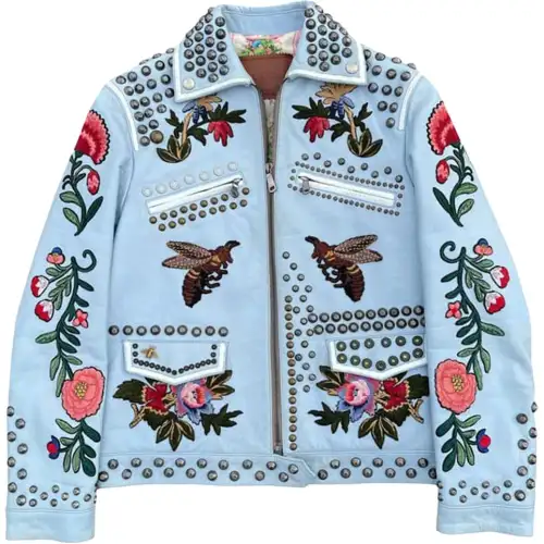 GUCCI Women's Floral Embroidered Leather Jacket Blue