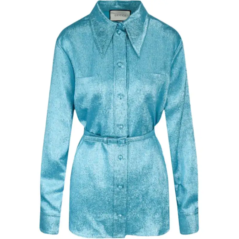 GUCCI Metallic Belted Blouse Blue