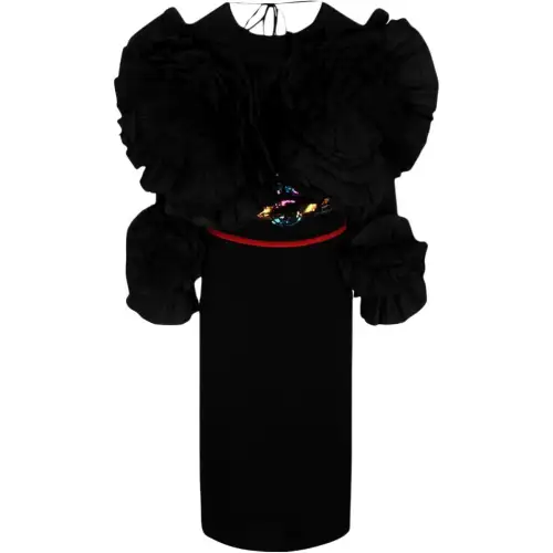 GUCCI Pleated Flower Long Sleeve Dress Black