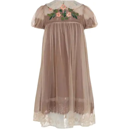 GUCCI Crystal Embellished Lace Babydoll Dress Beige