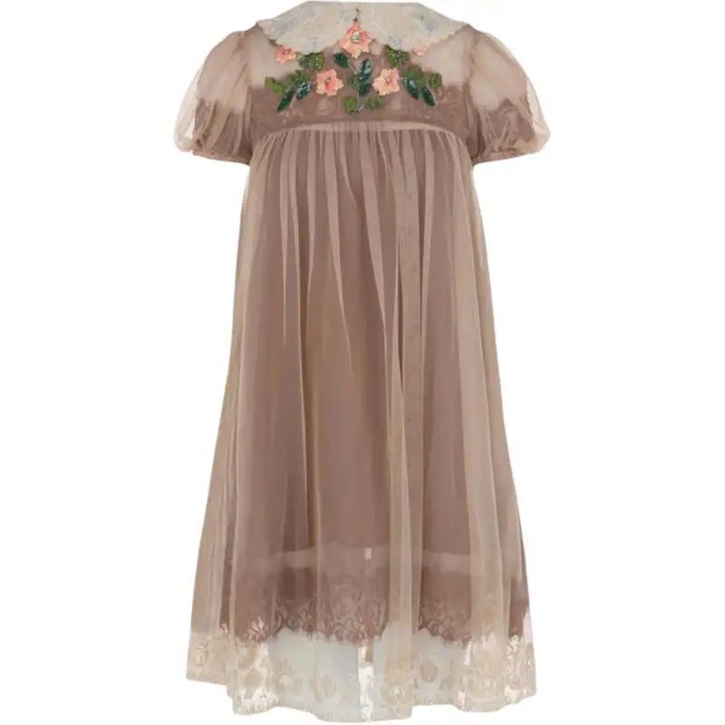 GUCCI Crystal Embellished Lace Babydoll Dress Beige