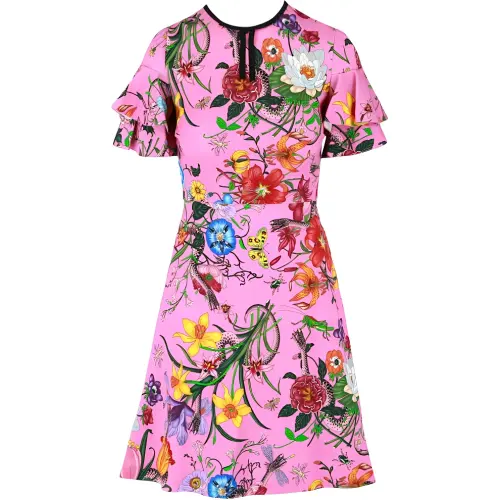 GUCCI Ruffled Flora Snake Print Dress Princess Rose Print