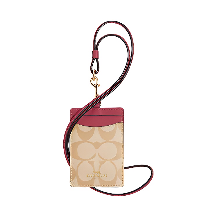 COACH Lanyard Coated Canvas With Leather Card Holder Mini Women's Floral Brown & Rouge Red