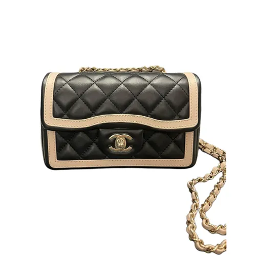 CHANEL Diamond Pattern Sheepskin Shoulder Bag, Crossbody Bag Mini Women's Black & Milk Tea