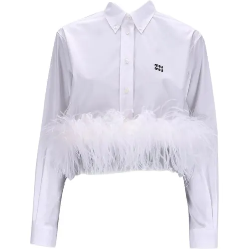 MIU MIU Button-Up Cropped Feather-Trim Shirt