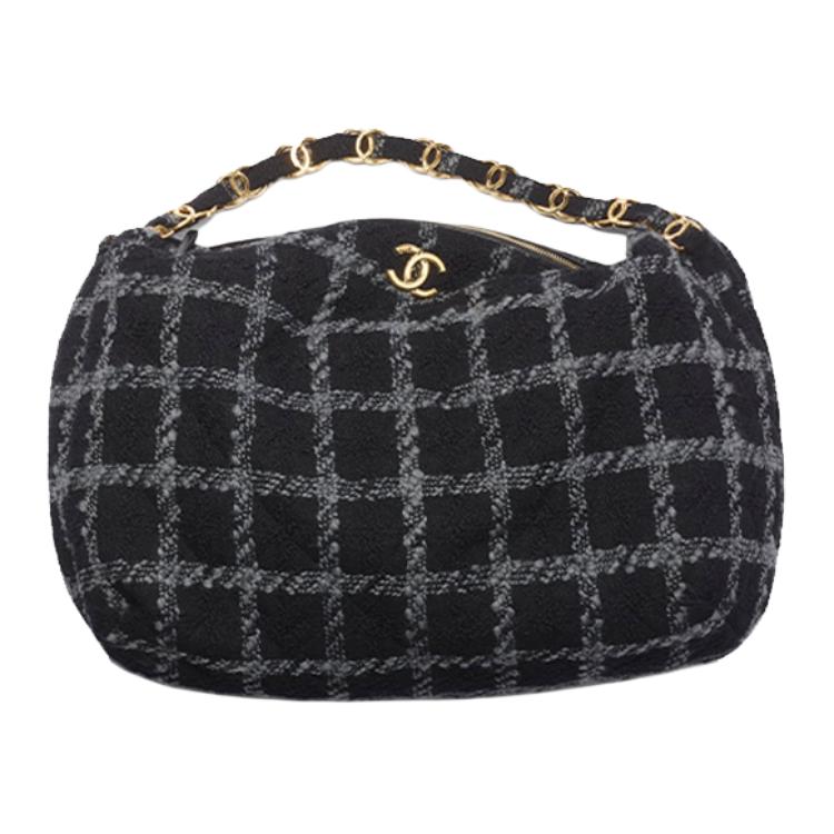 CHANEL 22K Autumn And Winter Wool Blended With Soft Woolen Hobo Bag, Handbag Extra Large Women's Black Gray