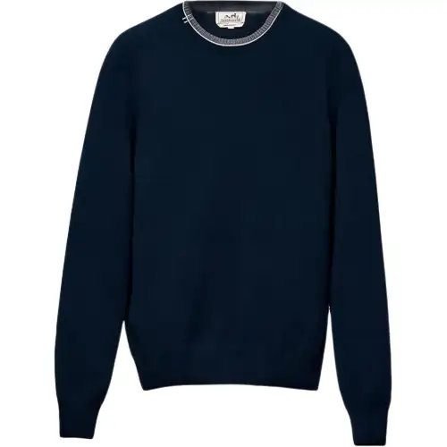 HERMES Cashmere Sweaters Men's Marine Blue Crew Neck Moderate