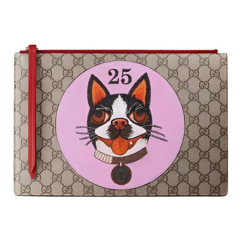 GUCCI Canvas With Leather Clutch Women's Beige & Ebony