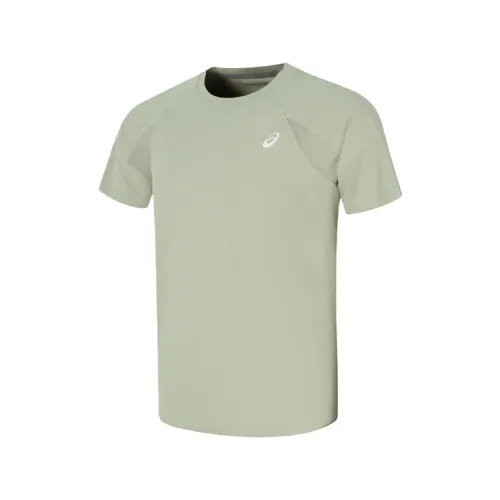 ASICS Running T Shirts Men's Gray Green Crew Neck Moderate Straight Fit