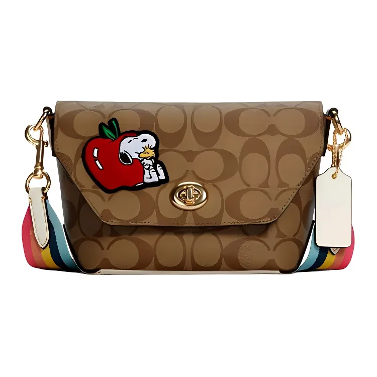 COACH Peanuts Snoopy Collaboration Karlee Artificial Leather Crossbody Bag, Shoulder Bag Women's Khaki