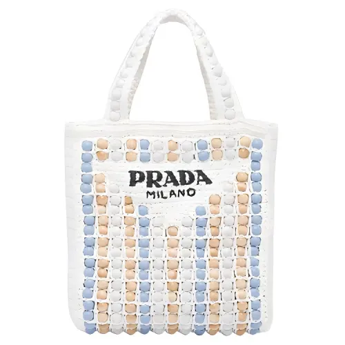 PRADA Raffia Fiber+Wooden Tote Handbag Regular Women's White