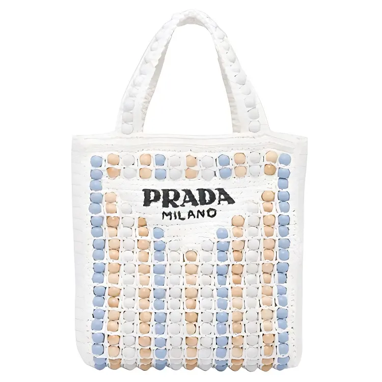 PRADA Raffia Fiber+Wooden Tote Handbag Regular Women's White