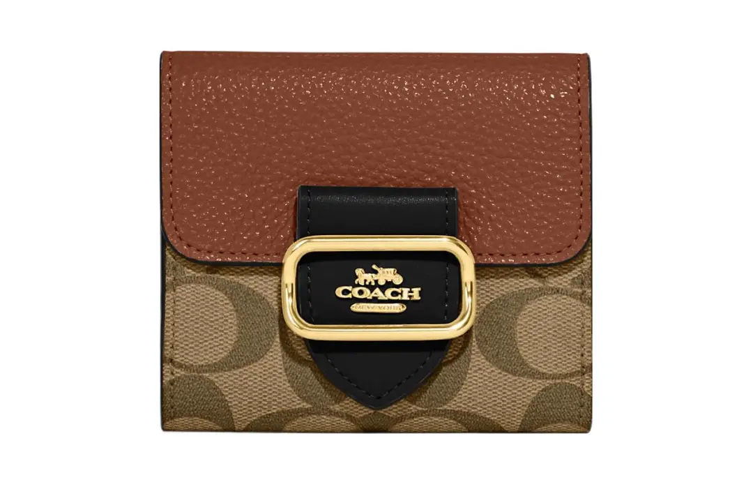 COACH Canvas With Leather Card Holder, Wallet Small Women's Khaki & Brown