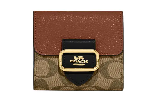 COACH Canvas With Leather Card Holder, Wallet Small Women's Khaki & Brown