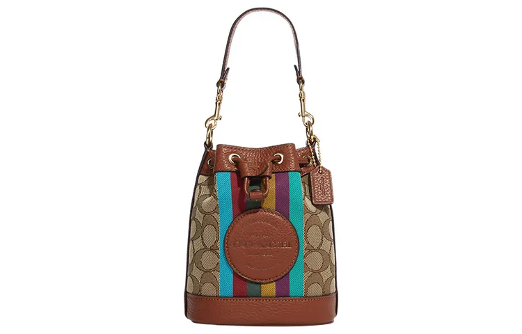 COACH Dempsey Fabric With Cow Leather Bucket Bag, Handbag, Shoulder Bag, Crossbody Bag Mini Women's Khaki