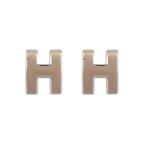 HERMES POP H Lacquered Metal Stud Earrings Women's Ice Brown, With Silver Inlay