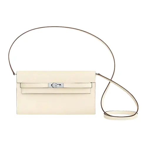 HERMES Kelly To Go Silver Tone Buckle Epsom Leather Crossbody Wallet Regular Women's Cream White/Chick Yellow