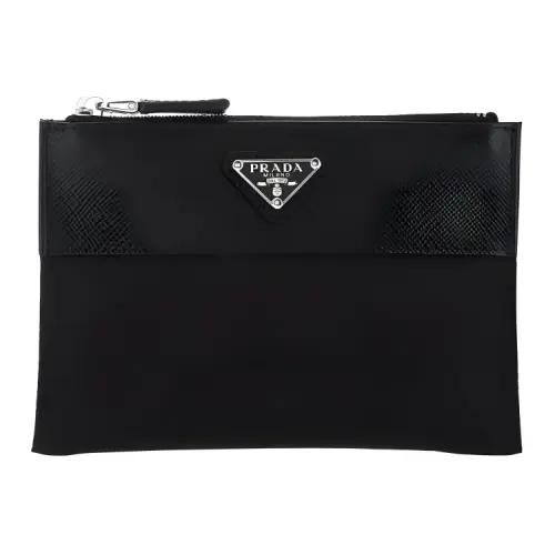 PRADA Nylon Fabric With Leather Clutch Handbag Men's Black