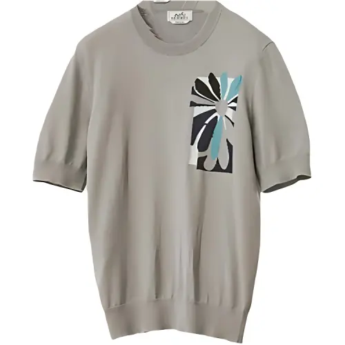 HERMES T Shirts Men's Gray Crew Neck Moderate Straight Fit
