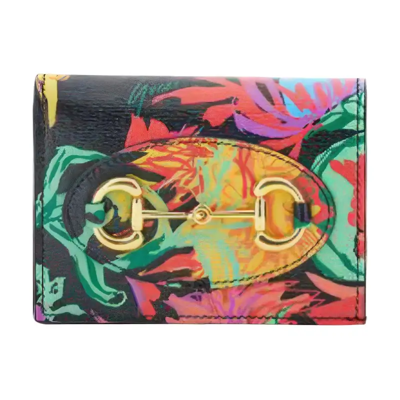 GUCCI Cow Leather Card Holder, Wallet Women's Black/Multicolor