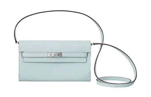 HERMES Kelly To Go Silver Tone Buckle Epsom Leather Crossbody Wallet Regular Women's T0 Bleu Brume Haze Blue/Dusty Blue