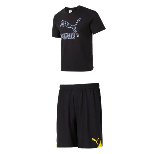 PUMA Casual Sportswear Men's Set Black Top+Black Yellow Shorts Crew Neck Moderate