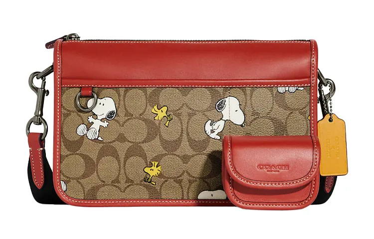 COACH X Peanuts Snoopy Collaboration Heritage Coated Canvas With Calfskin Crossbody Bags Women's Brown & Red