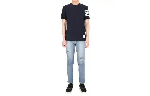 THOM BROWNE T Shirts Men's Marine Blue Crew Neck Moderate Straight Fit