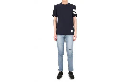 THOM BROWNE T Shirts Men's Marine Blue Crew Neck Moderate Straight Fit