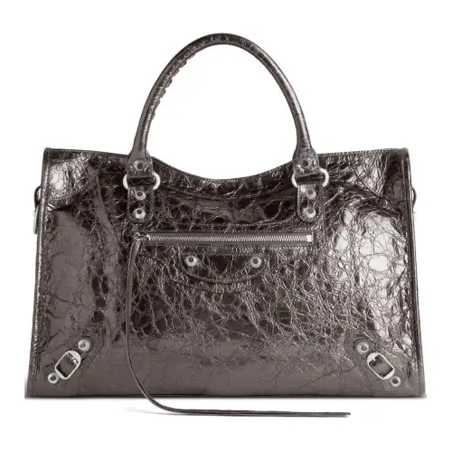 Balenciaga Le City Medium Bag In Steel Grey Metallized Arena Lambskin Shiny Silver Hardware Steel Grey