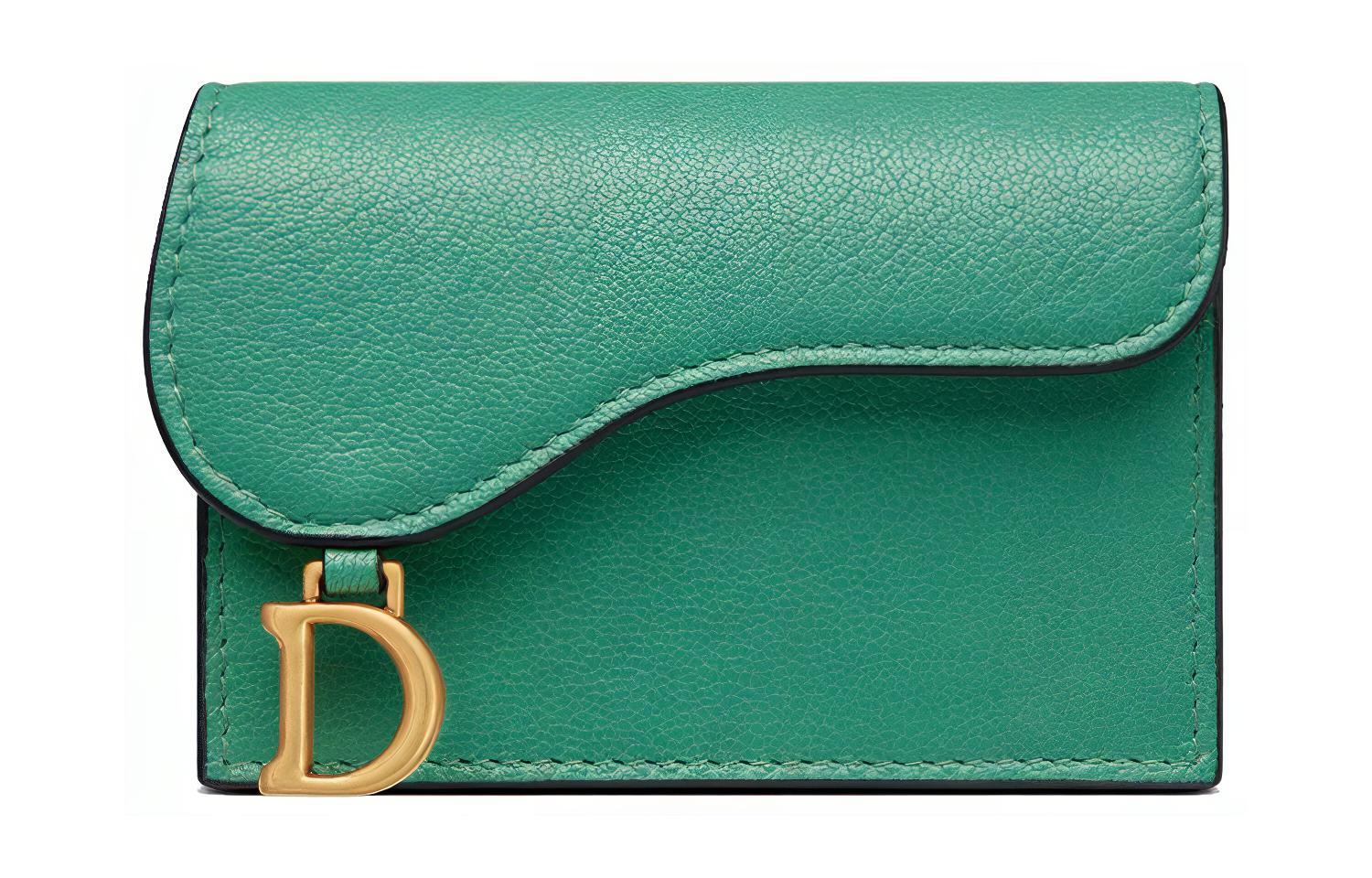 DIOR Saddle Goatskin Card Holder, Wallet Women's Green