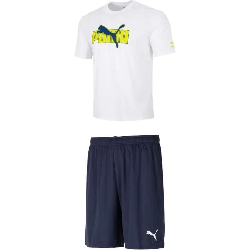 PUMA Casual Sportswear Men's Set White Top+Navy Blue Shorts Crew Neck Moderate