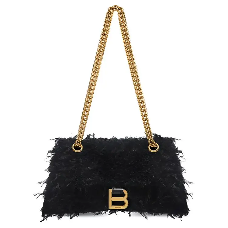 Balenciaga Crush Stud Magnetic Closure Fabric Feather Portable Crossbody Bag, Shoulder Bag Women's Black