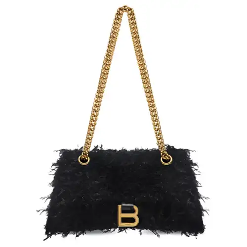 Balenciaga Crush Stud Magnetic Closure Fabric Feather Portable Crossbody Bag, Shoulder Bag Women's Black