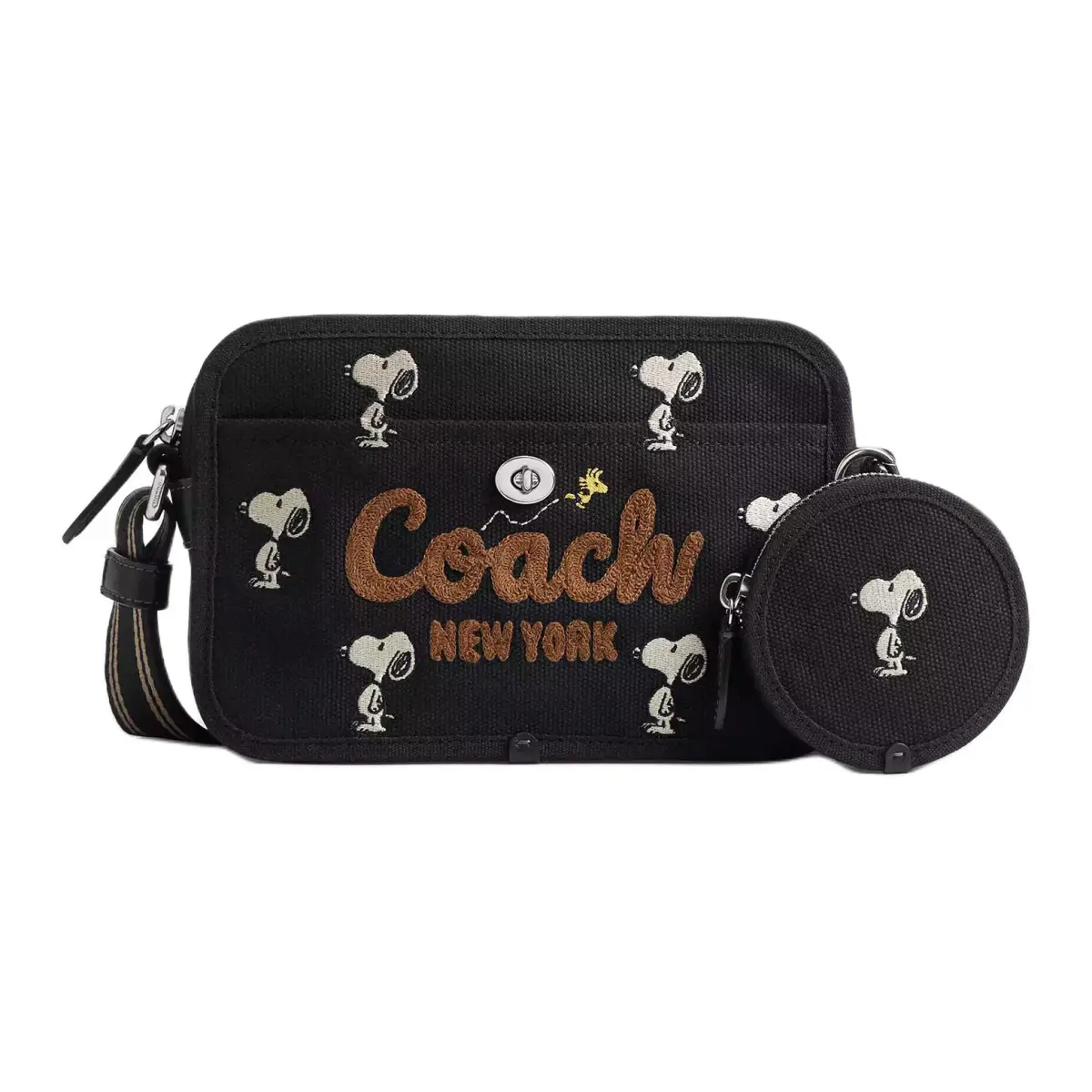 COACH PEANUTS Collaboration Canvas With Twill Fabric Camera Bag, Shoulder Bag Small Women's Black