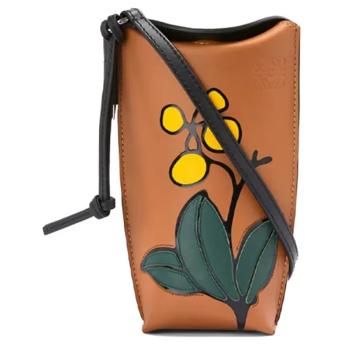 LOEWE Soft Cow Leather Handheld One Shoulder Crossbody Cell Phone Pouch Women's Brown Yellow