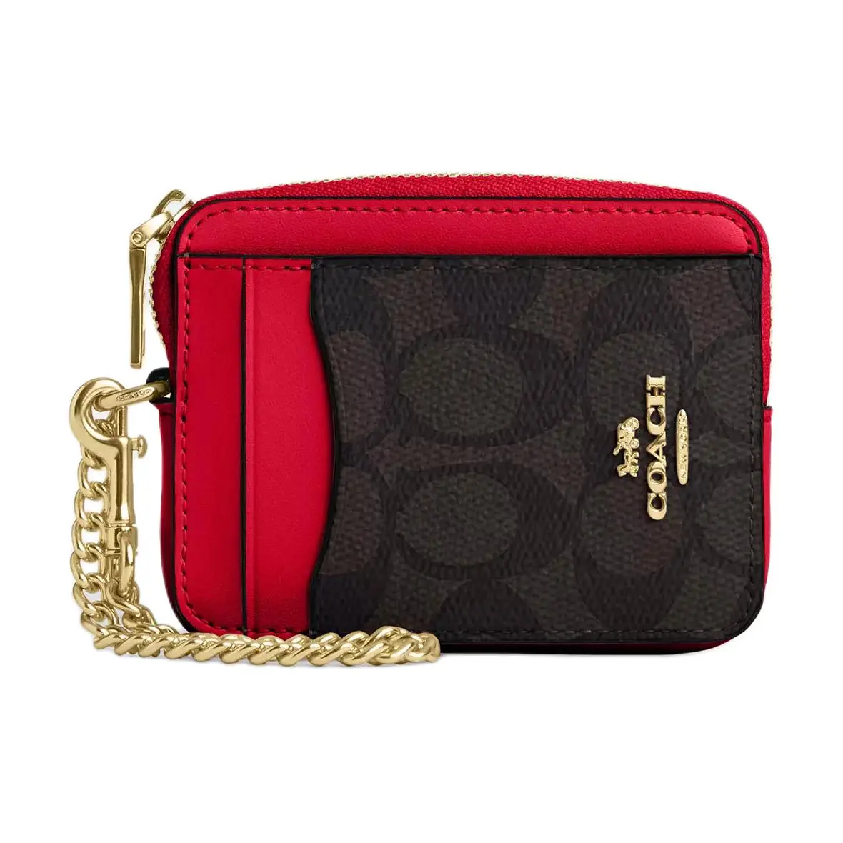 COACH Leather Card Holder Regular Women's Walnut & Bold Red