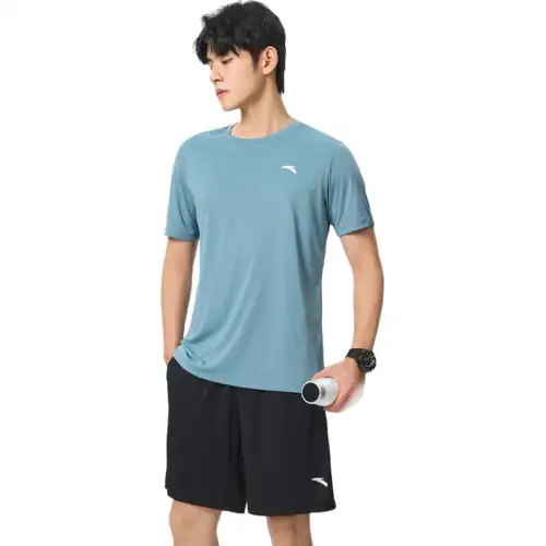 ANTA T Shirts Men's Cloud Blue/Basic Black Crew Neck Thin
