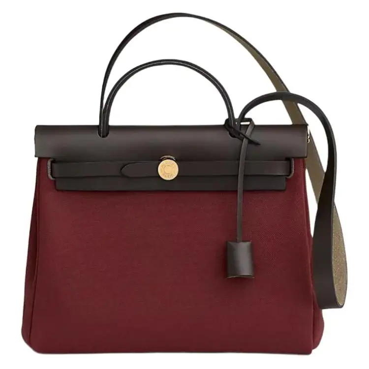 HERMES Herbag Zip Canvas With Hunter Cow Leather Shoulder Bag, Crossbody Bag, Handbag 31 Unisex Ebony/Hermes Red